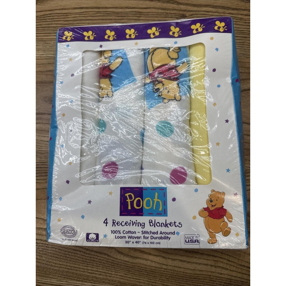 New VTG Set of 4‎ Disney Winnie the Pooh Receiving Blankets 100% Cotton 30"x40"